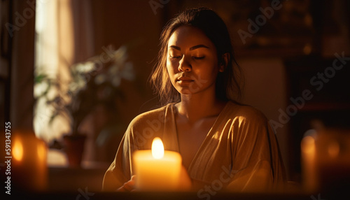 Candle lit female meditates, glowing in warmth generated by AI