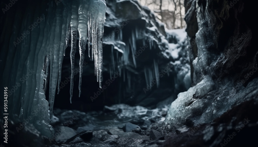 Frozen stalactite, icicle hangs in icy grotto generated by AI Frozen stalactite, icicle hangs in icy grotto generated by AI