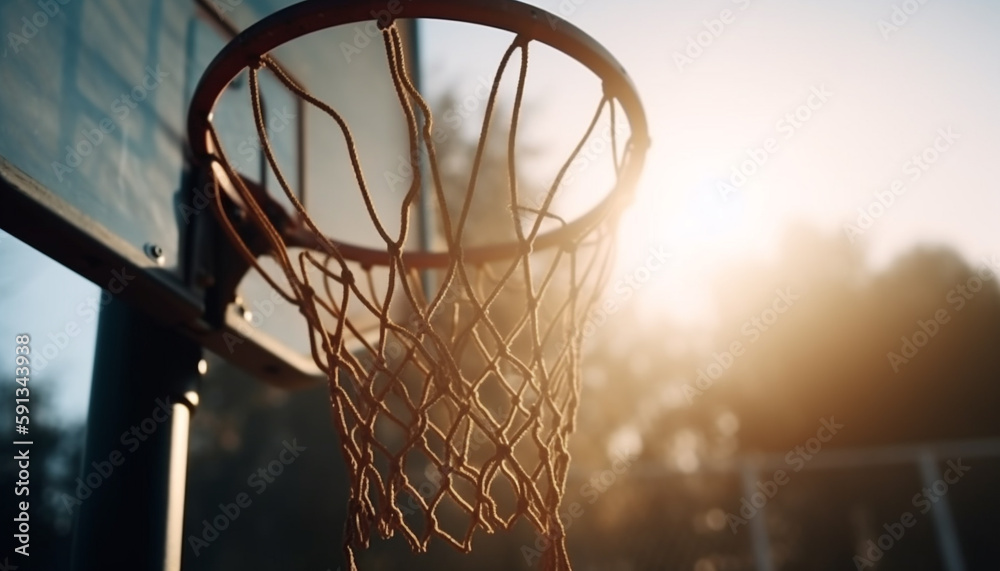 Basketball team scores championship slam dunk outdoors generated by AI
