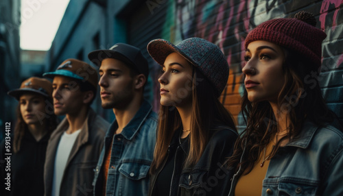 Young adults and teenagers, fashionably standing outdoors generated by AI