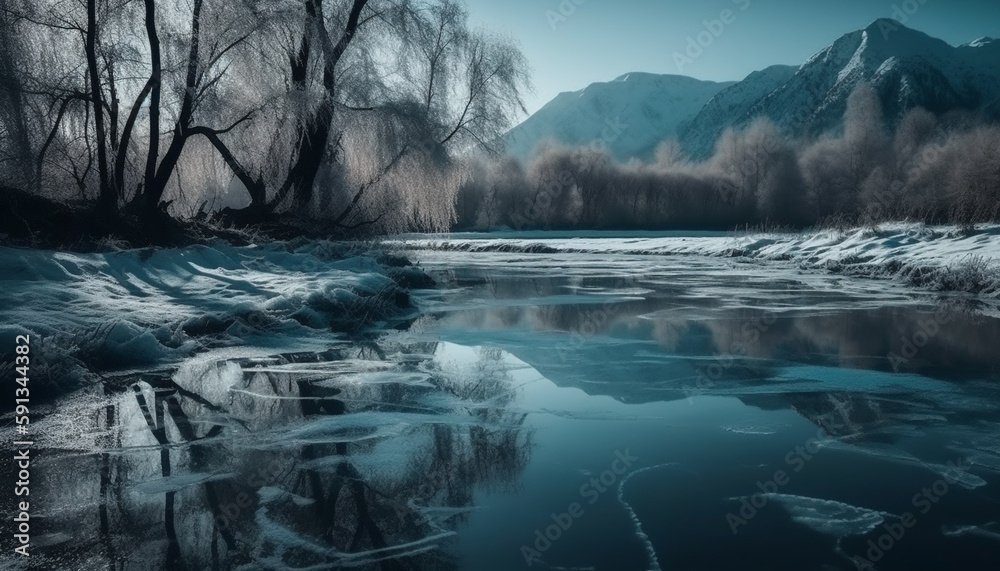 Mountain peak, winter landscape, tranquil scene, frozen beauty generated by AI