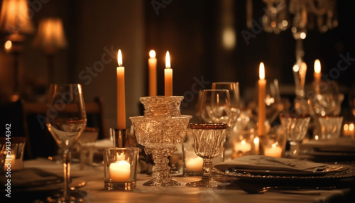 Luxury candlelight celebration on elegant dining table generated by AI