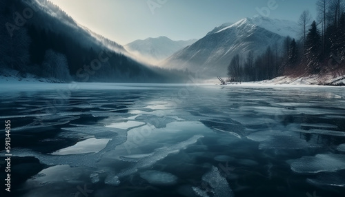 Majestic mountain range, tranquil scene, frozen adventure generated by AI