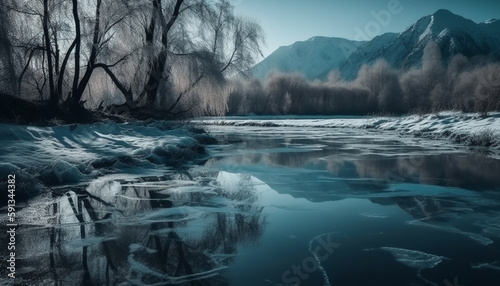 Mountain peak, winter landscape, tranquil scene, frozen beauty generated by AI