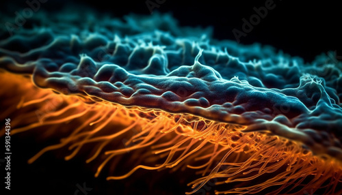 Glowing tentacles of cnidarian floating in abstract underwater generated by AI © Jeronimo Ramos