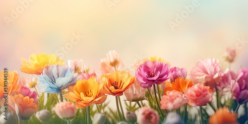 Spring flowers on pastel soft background. Beautiful colourful bloomed flowers  concept of spring field. Greeting theme. Mother s Day  Easter  Birthday  Newborn Baby card  generative AI