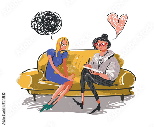 A psychologist listens to a patient in a psychotherapy session, two women are sitting on a couch and talking. Coaching consultations, a humorous sketch about contemporary issues. Flat vector