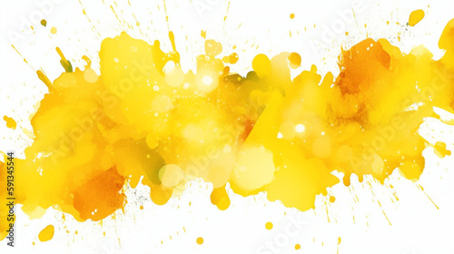 Yellow watercolor splash splatter stain brush strokes on white background. Modern vibrant aquarelle spot. Aquarelle explosion on white. Abstract vector watercolor illustration - Generative AI