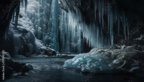 Frozen water  dripping from majestic icy cliff generated by AI