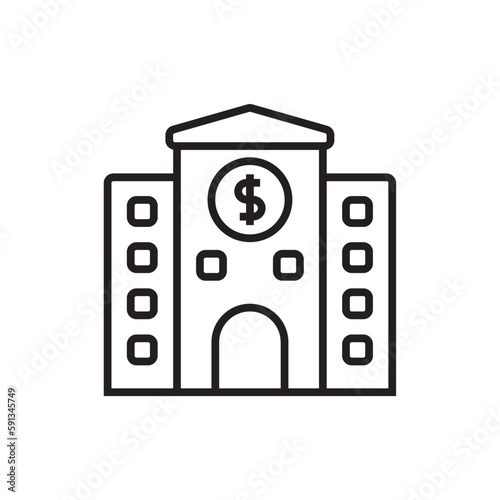 Bank Finance icon with black outline style. banking, dollar, building, social, economy, savings, deposit. Vector illustration