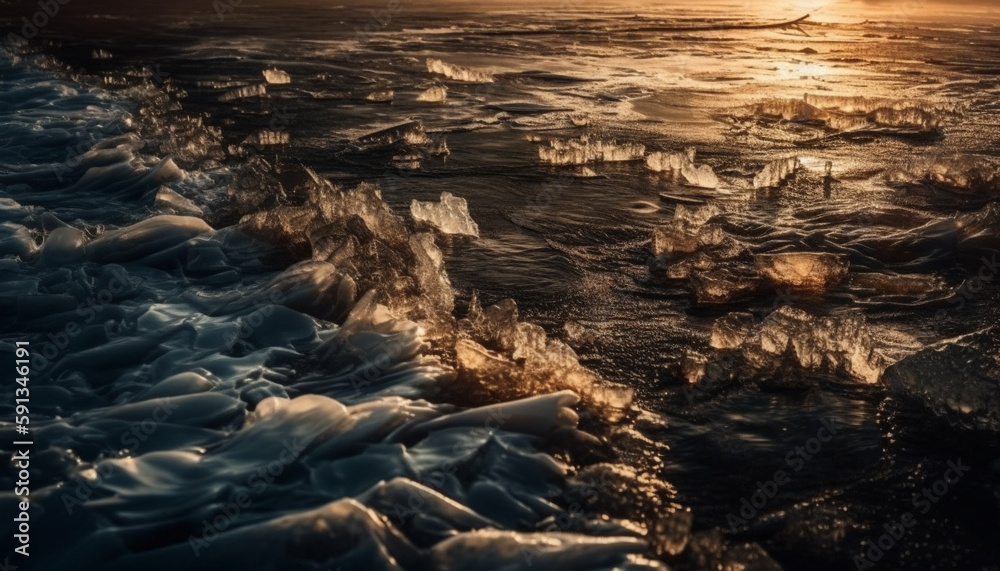 Sun sets over waves, sand, and coastlines generated by AI Sun sets over waves, sand, and coastlines generated by AI