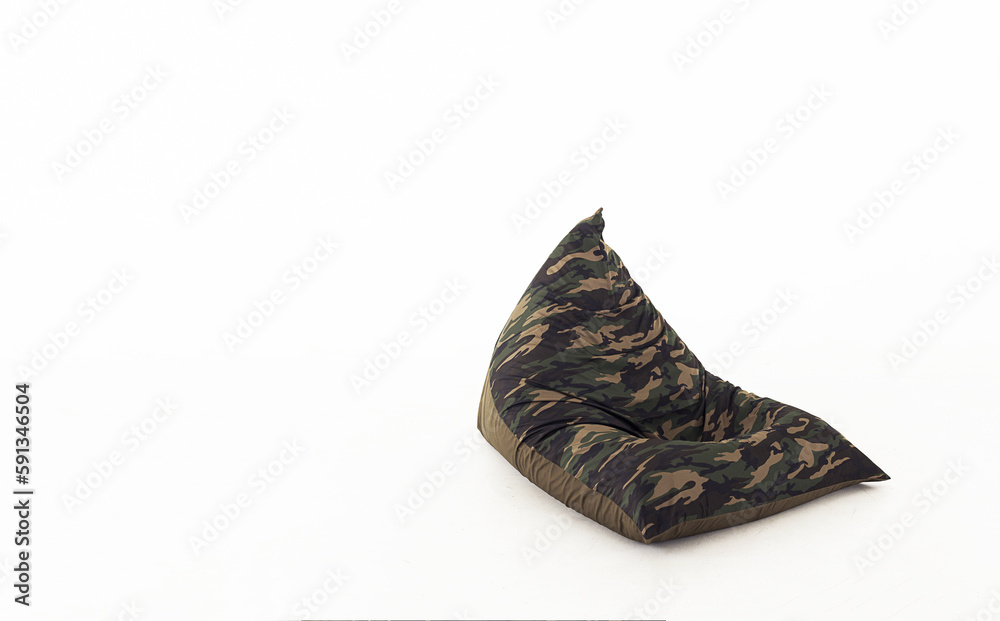 Studio shot of a army pattern beanbag chair isolated on white background. Able to added text Studio shot of a army pattern beanbag chair isolated on white background. Able to added text