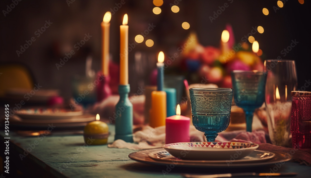 Glowing flame illuminates table of celebration and decoration generated by AI