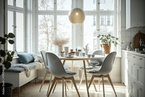 cozy dining area with a view of nature outside the window. Generative AI © 2rogan