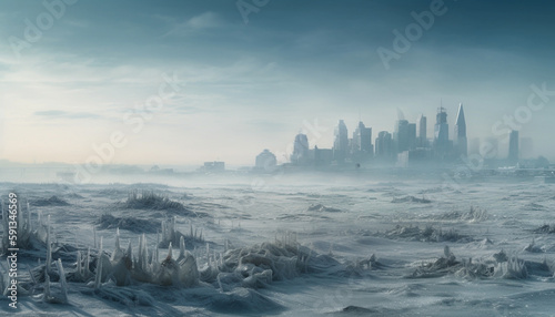 Tranquil skyline reflects mystery in winter fog generated by AI © Jeronimo Ramos