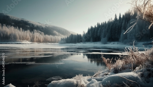 Frozen landscape, tranquil scene, reflecting natural beauty generated by AI