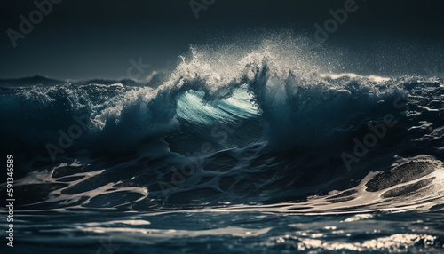 Breaking waves crash, surf spray in sunlight generated by AI