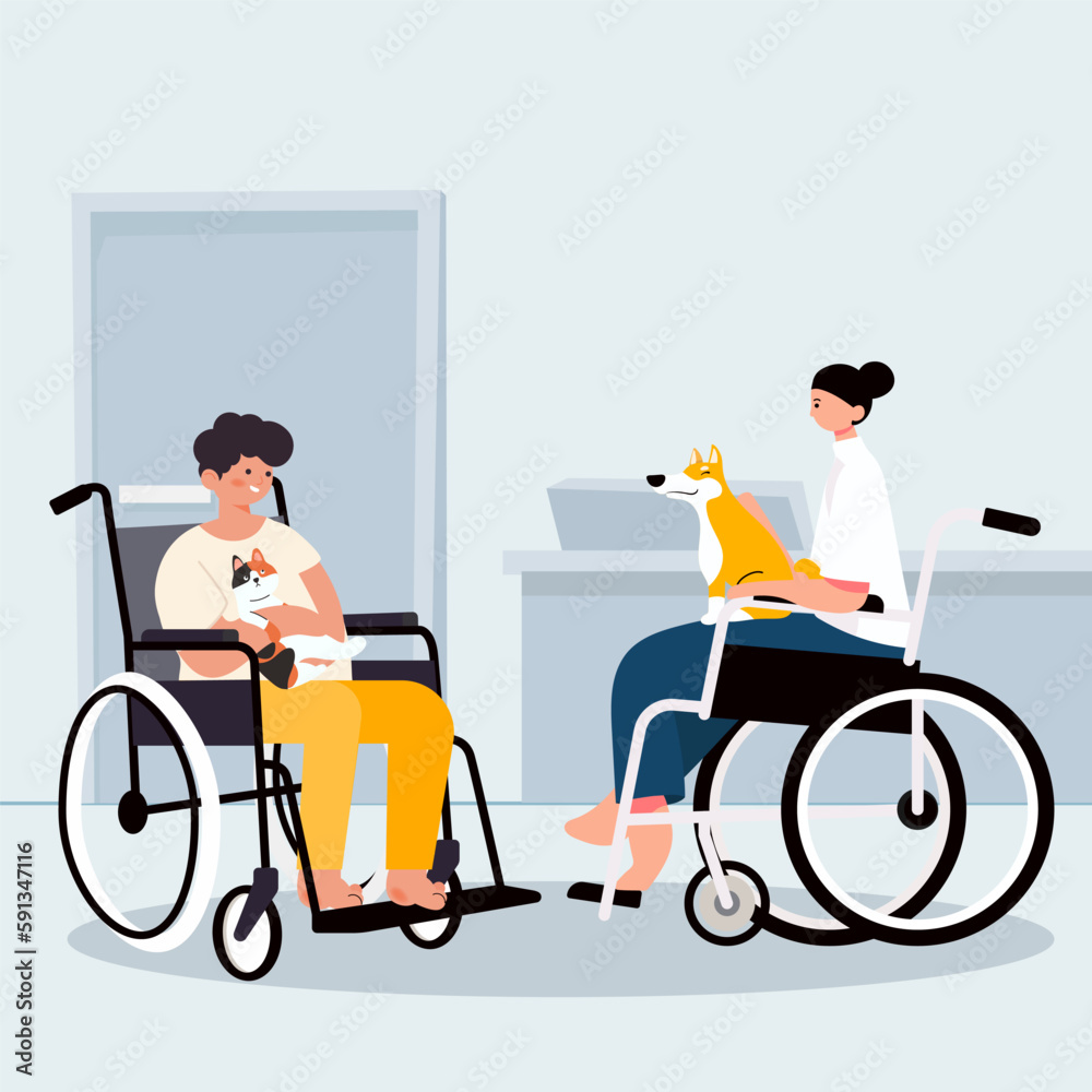 Disabled man holding lovely cat and woman holding dog, They are in wheelchair at veterinary clinic in cartoon charactor, Disabled man holding lovely cat and woman holding dog, They are in wheelchair at veterinary clinic in cartoon charactor,