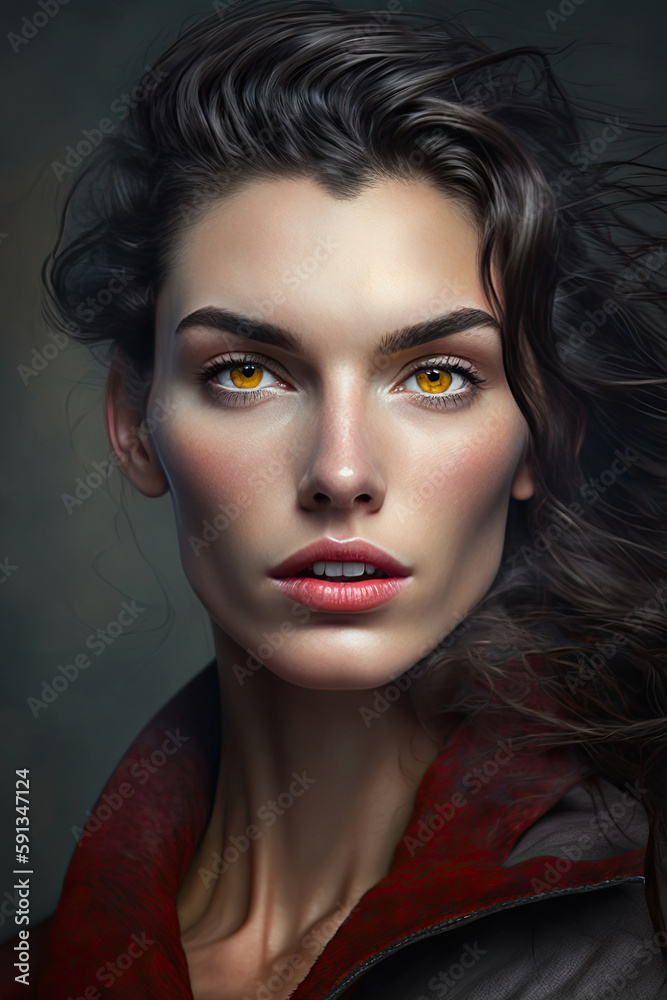 young woman with long black hair and yellow eyes created with Generative AI technology