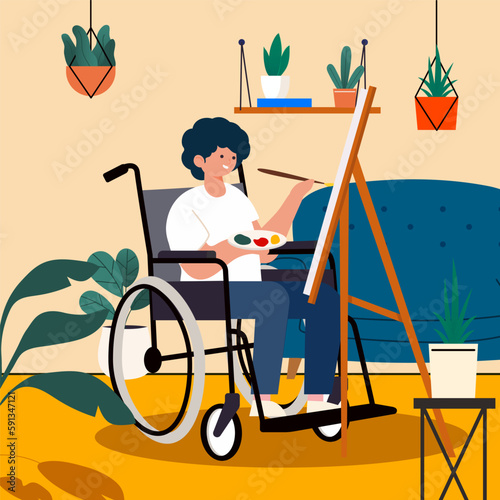 Disabled man sitting in wheelchair enjoy with painting on canvas frame at home