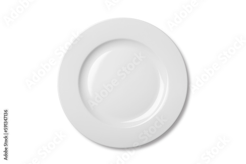 Empty ceramic round plate isolated on white background. View from above.