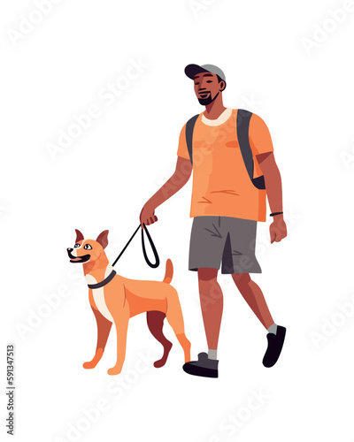 Walking man exercising outdoors with their cute dog