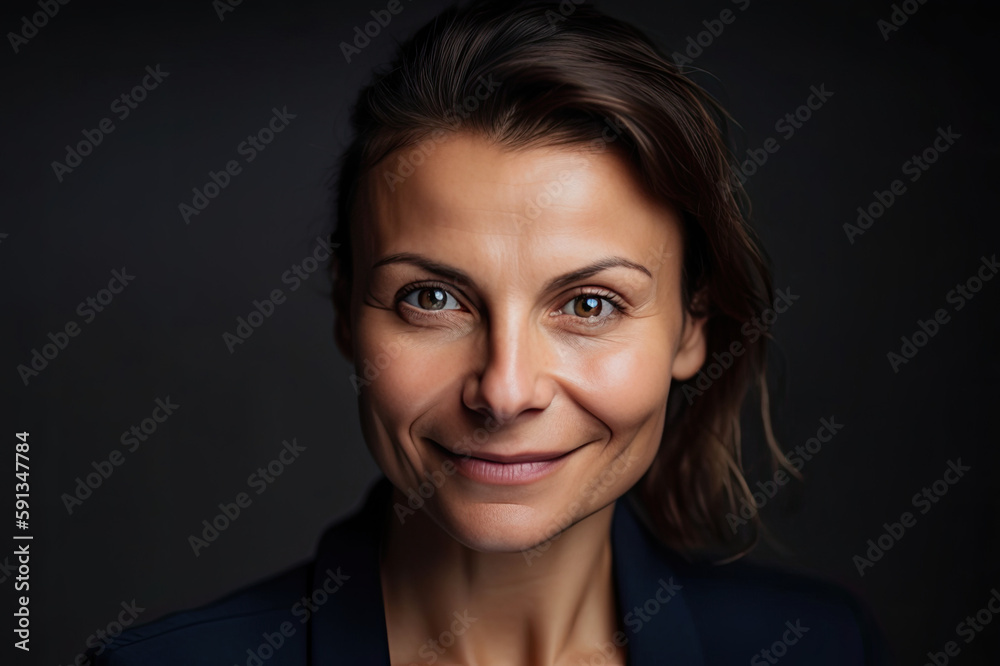 a woman with a blue suit, she has brown eyes and a big grin created with Generative AI technology