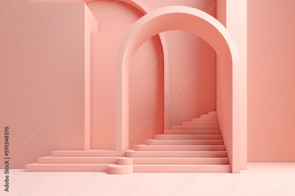 Arch and stairs in trendy minimal interior. 3d render illustration in modern geometric style. Coral pastel colors background for banners for product presentation. generative ai. Arch and stairs in trendy minimal interior. 3d render illustration in modern geometric style. Coral pastel colors background for banners for product presentation. generative ai.