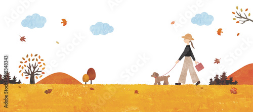 犬の散歩をする女性と秋の草原の風景水彩画
