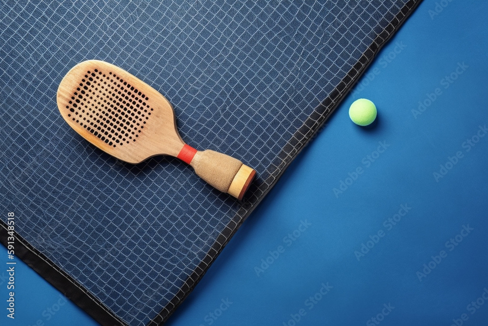 blue table tennis with wooden ping pong paddle, ball and net. Top view with copy space, flat lay, generative ai.