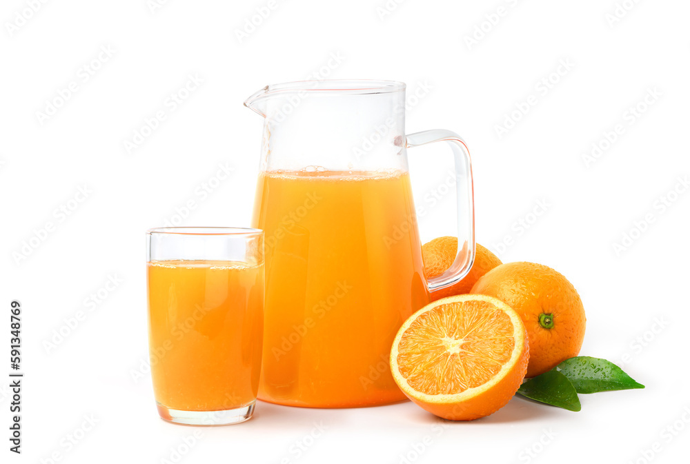 Natural squeezed orange juice with orange fruits isolated on white background.