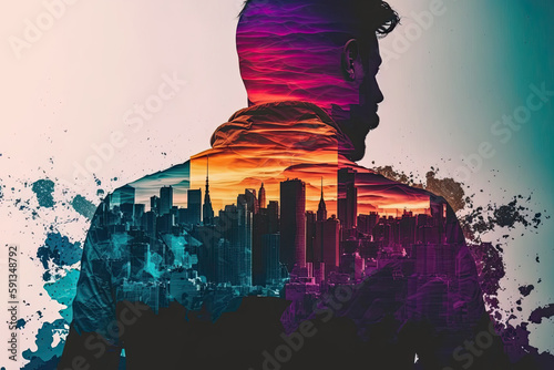 colorful abstract illustration of a big city, this is seen in the outline of a man created with Generative AI technology photo