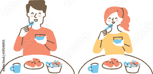 ヨーグルトを食べている男女_セット_色