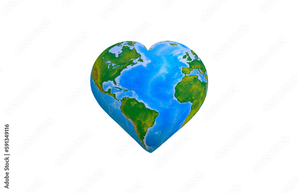 Heart-shaped planet Earth on a white background
