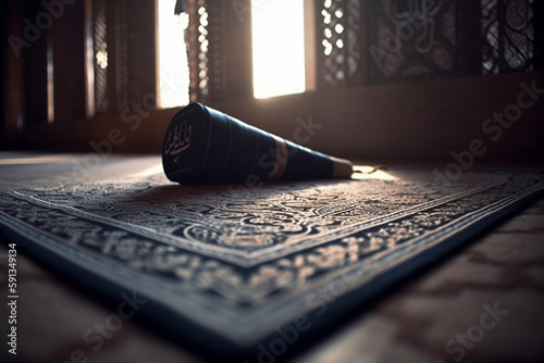 a back seat with Arabic ornaments on a rug for prayers in the mosque. itikaf concept. generative ai photo