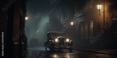 Illustration of red vintage car on the cobble stone street, historic European cityscape with misty environment, AI-generated image.	
