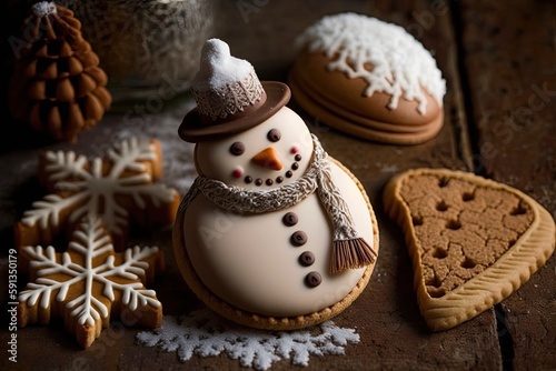 Snowman Cookie Among a Group of Festive Cookie. Generative AI