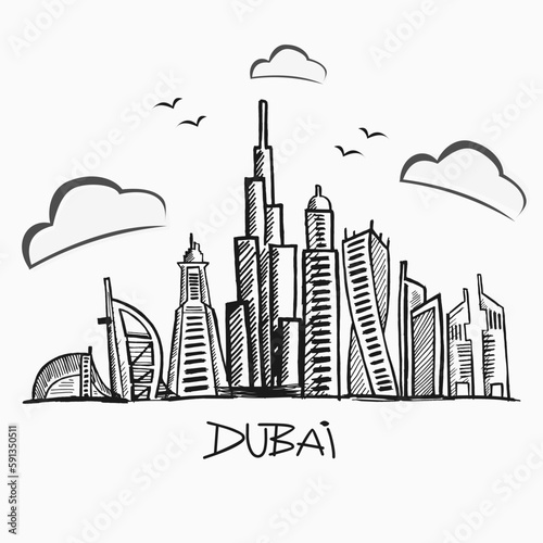 Detailed dubai line vector cityscape with skyscrapers. Uae landmark skyline. Architecture dubai skyscraper illustration