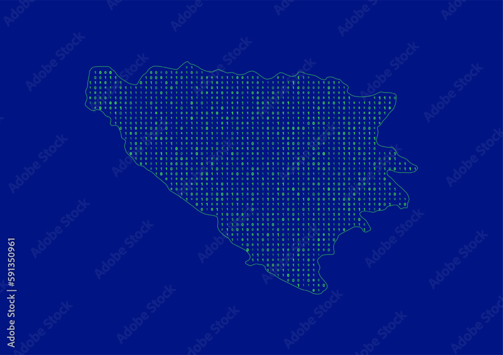 Vector Bosnia and Herzegovina map for technology or innovation or it concepts. Minimalist country border filled with 1s and 0s. File is suitable for digital editing and prints of all sizes.