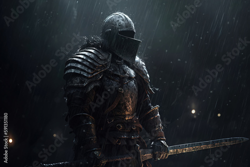 Medieval faceless knight in helmet, in armor with sword on rainy night. Generative AI