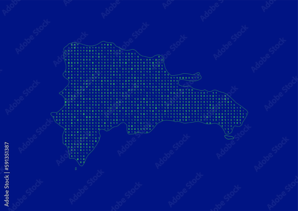 Vector Dominican Republic map for technology or innovation or it concepts. Minimalist country border filled with 1s and 0s. File is suitable for digital editing and prints of all sizes.