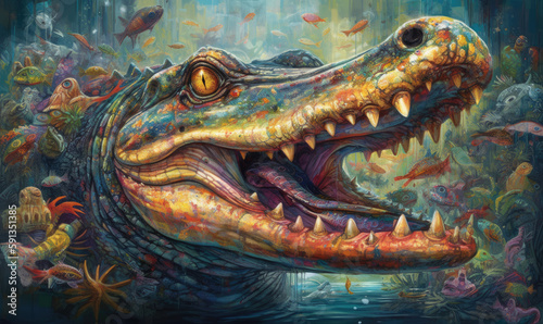 Jaws of the Swamp. A Psychedelic Alligator s Feast. Generative Ai