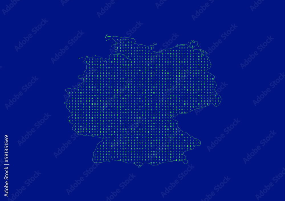 Vector Germany map for technology or innovation or it concepts. Minimalist country border filled with 1s and 0s. File is suitable for digital editing and prints of all sizes.