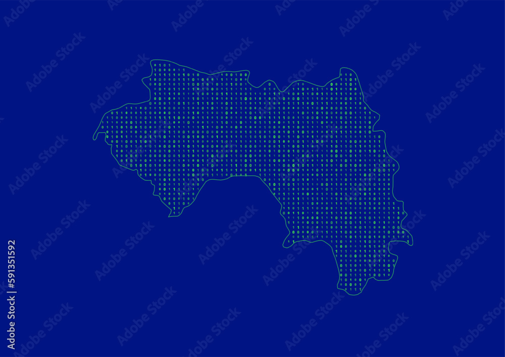 Vector Guinea map for technology or innovation or it concepts. Minimalist country border filled with 1s and 0s. File is suitable for digital editing and prints of all sizes.