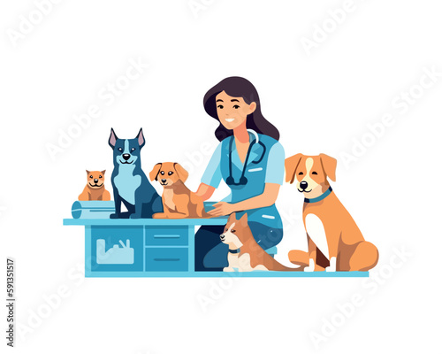 Cute puppies sitting with smiling vet