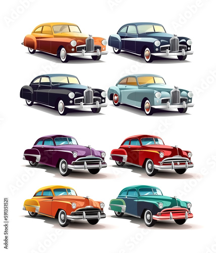 Illustration of colorful Classic car icons on white background  AI Generated image.