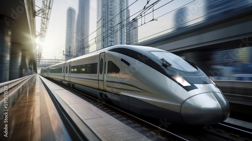A front view of a high-speed train actually moving quickly.The Generative AI