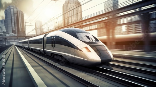 A front view of a high-speed train actually moving quickly.The Generative AI