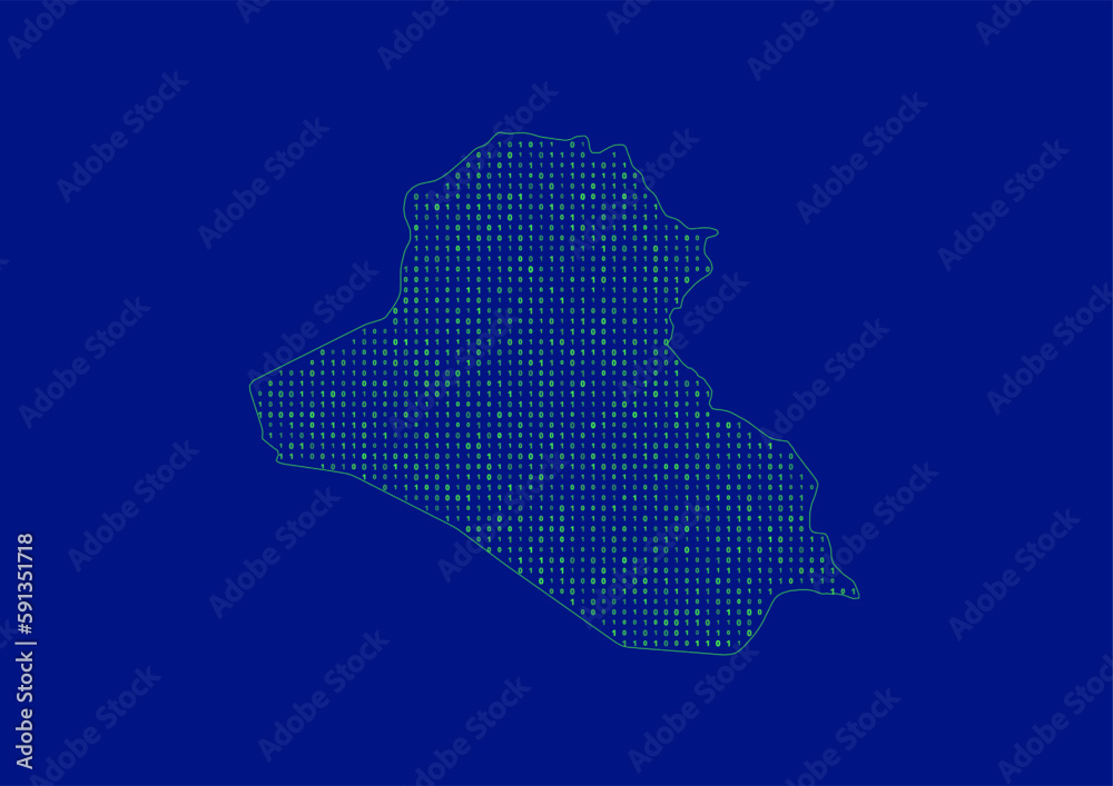 Vector Iraq map for technology or innovation or it concepts. Minimalist country border filled with 1s and 0s. File is suitable for digital editing and prints of all sizes.