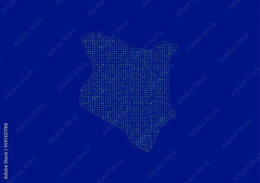 Vector Kenya map for technology or innovation or it concepts. Minimalist country border filled with 1s and 0s. File is suitable for digital editing and prints of all sizes.